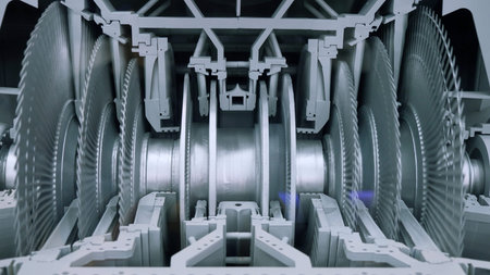 Concept of engineering and heavy industry. Media. Close up of working machine at the factory...
