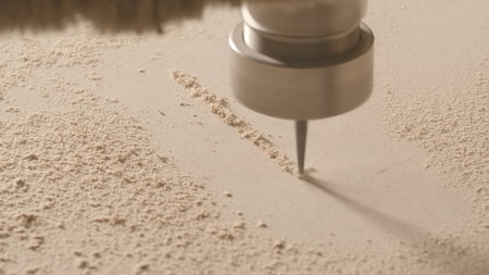 Close-up of machine working on wood. Creative. Needle on machine works on wood. Fine work of needle...