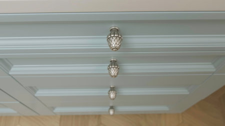 Close-up details of light furniture in interior. Creative. New cabinets and cabinets in rooms of bright apartment. Simple light furniture in new interior of apartment.の写真素材