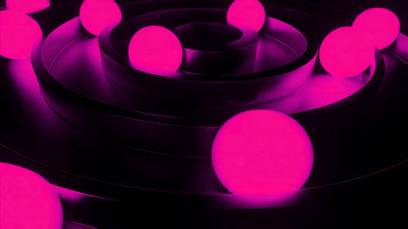 Animation with glowing balls moving in 3d rings. Desing. Circles with rotating 3d balls glowing in...