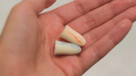 Close up of woman holding ear plugs in her fingers on white background. Pressing soft and soundproof earplugs in female young hands.の写真素材