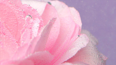 Underwater bubbles on rose petals. Stock footage. Delicate pink rose petals with bubbles. Close-up...