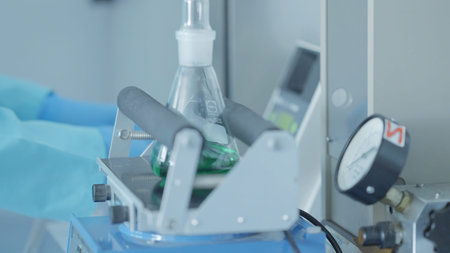 Shaker for mixing solutions, liquid substance is being mixed by a machine in a laboratory. Action....