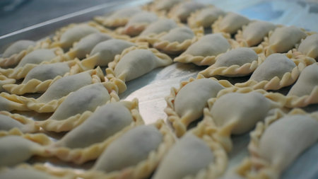 Dumplings on baking sheet. Clip. Lots of delicious dumplings on boards. Ready-made dumplings for...