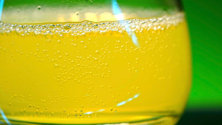 Close-up of glass with yellow drink. Stock clip. Alcoholic drink with gases in glass on background of bar. Alcoholic drink in nightclub.の写真素材