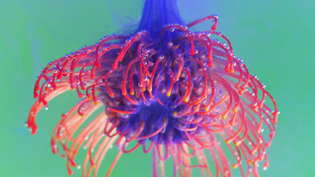 Flower in water with ink and bubbles. Stock footage. Exotic flower under water with colored ink. Beautiful bud with stamens in clear water with delicate ink.の写真素材