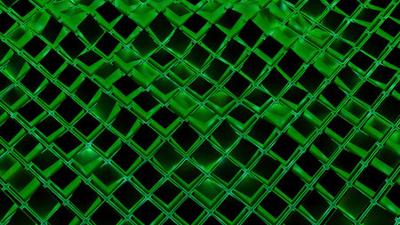 Square mesh with waves and glitter. Action. Grid of squares moves in waves on black background. Virtual grid with waves of squares.の写真素材
