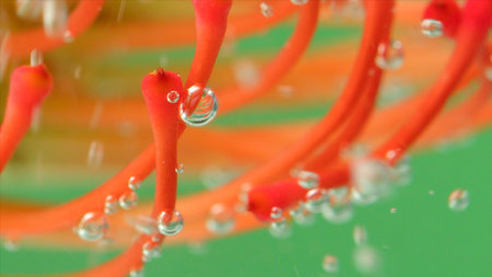 Close-up of beautiful flower with bubbles under water. Stock footage. Bright flower with stamens under water. Exotic flower with bubbles under water on isolated background.の写真素材