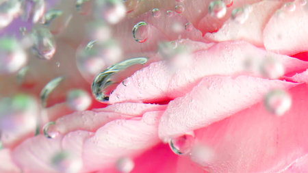 Extreme close up of beautiful pink rose petals in clear crystalline water with bubbles. Stock...
