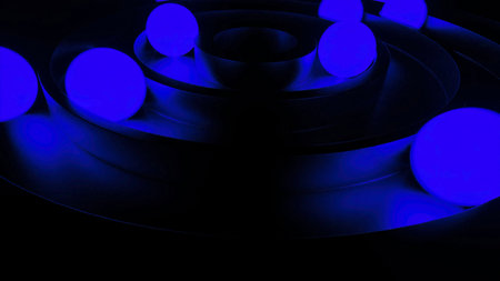 Animation with glowing balls moving in 3d rings. Desing. Circles with rotating 3d balls glowing in dark. Glowing balls move in circles.の写真素材