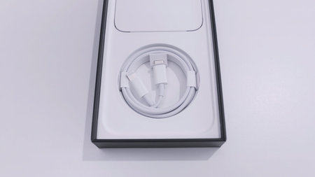 Ottawa, Canada - 11.24.2020 opened box of an Apple iPhone on a white table background. Action. Top...