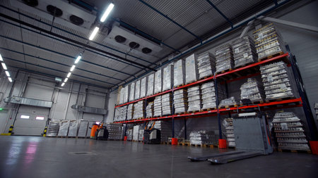 Moscow - Russia, 04.20.2022: View inside of commercial warehouse with packed goods. Creative. New...