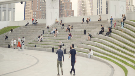 Italy - Rome, june 23, 2022: Olympic Square amphitheatre, space used by public as rest zone. Action....