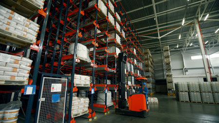 Serbia - Belgrade, September 20, 2022: Products at the warehouse. Creative. Moving along the rows of shelves with cardboard boxes, industrial interior of a storage room.のeditorial素材