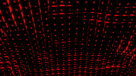 Black background with keyboard keys. Design. Bright letters highlighted in red and white colors in the animation move in different directions.の写真素材