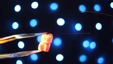 Close up of metal tongs and charcoal for hookah on black background with blue garland. Media. Holding red hot coals with forceps for shisha.の写真素材
