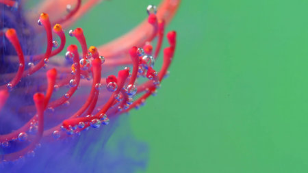 Bright background.Stock footage.The water is filled with purple paint and the paint gently falls on...