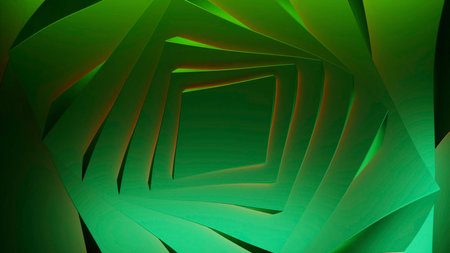 Green square tunnel. Design. Large and small squares standing on top of each other made in 3d format.の写真素材