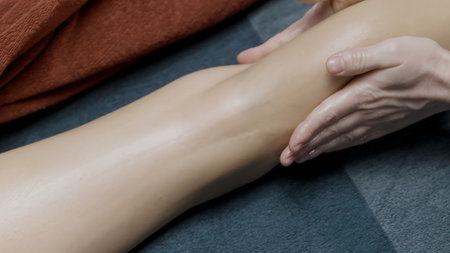 A bright woman with black dreadlocks.Action.The girl Makes the correction of the body with the help of massage.の写真素材