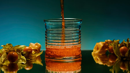 Close up of pouring fruit drink inside an empty glass. Stock clip. Bar counter decorated by small...
