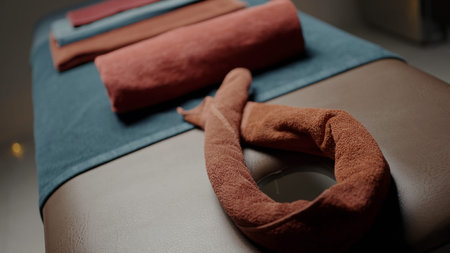 Massage treatments.Action.Spa salon in which there are different colored towels that are neatly folded and the masseur does a full body massage.の写真素材