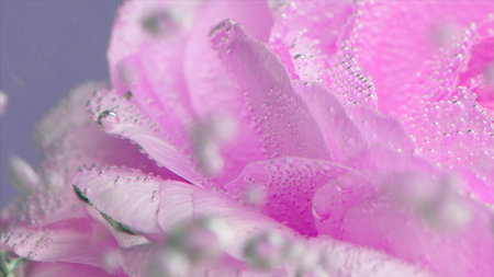 Petals of roses in bubbling water on purple wall background. Stock footage. Close up of blooming...