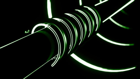 Green pipeline on a black background. Design. Rotating spiral around straight pipe.の写真素材