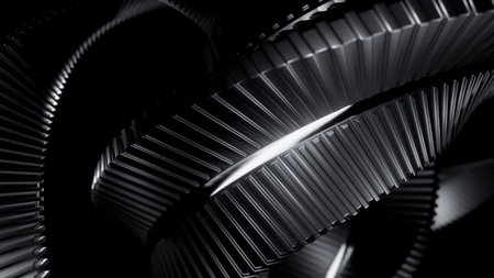 Abstract metal spinning stripes on a black background, monochrome. Design. Long tangled mechanism.