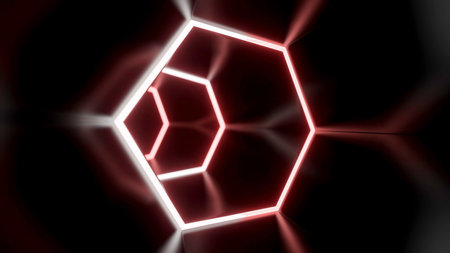 Animation in moving tunnel with hexagonal glowing lines. Design. Movement in rotating cyber tunnel with neon lines. Dark cyber tunnel with hexagonal neon linesの写真素材