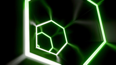 Animation in moving tunnel with hexagonal glowing lines. Design. Movement in rotating cyber tunnel with neon lines. Dark cyber tunnel with hexagonal neon linesの写真素材