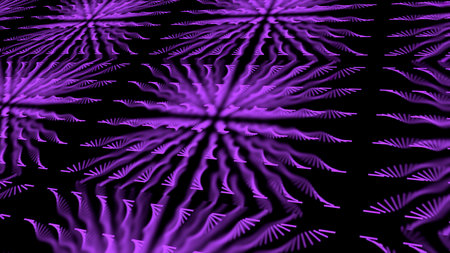 Abstract digital surface divided into squares with purple spirals. Animation. Rows of many narrow twisting vortex shapes on a black background.の写真素材