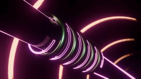 Glowing lines rotate around pipe. Design. Metal tube with moving spirals of neon and metal tubes. Mechanical part with moving parts and rotating neon tubesの写真素材