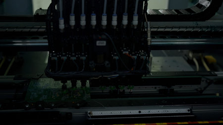 Production line with computer processors on electronics factory. Creative. Microchip production...