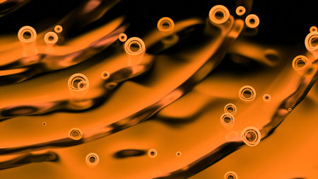 Neon bubbles are moving floating on liquid. Design. Moving bubbles on surface of abstract liquid. Animation with moving bubbles on surface of liquid with wavesの写真素材