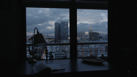 Working at home concept. Creative. Big city behind the window, daily planner and decorative vase on the table.の写真素材