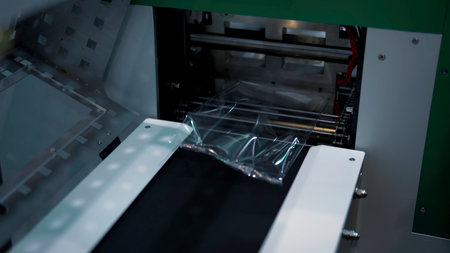 Sweet pastries packing line. Media. Fresh waffles are packed into cellophane packaging on conveyor line.の写真素材