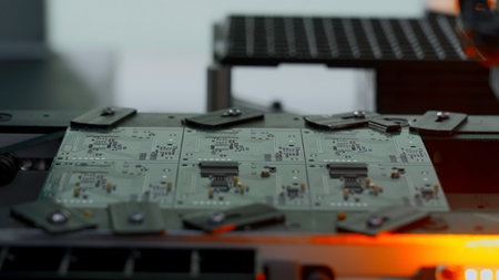 Close up of industrial background with printed circuit board being assembled with automated robotic arm. Creative. Concept of modern robotic technologies and engineering.の写真素材