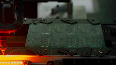 Coating machine for printed circuit board at work. Creative. Close up of automated robotic mechanism making circuit board.の写真素材
