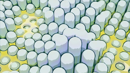Surface with numerous repeating cylinders. Design. Isometric background with dynamic effect.