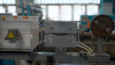 Rotating reels with copper wires on them. Creative. Metal wire spool spinning on the machine.の写真素材