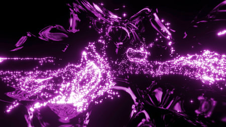 Cyberspace with metallic lines and streams of luminous particles. Design. Bright streams of energetic particles in virtual space. Streams of moving luminous particles of information and energy of matrixの写真素材