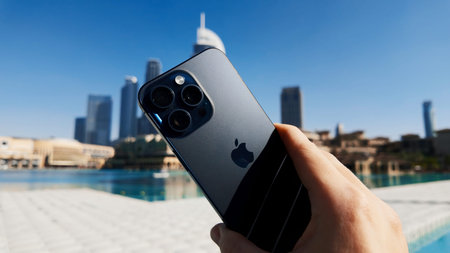 Dubai - United Arab Emirates, January 18, 2023: close up of male hand holding new Apple Iphone...