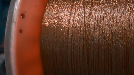 Close-up of rotating coil with copper wire. Creative. Bobbin rotates and winds copper wire....