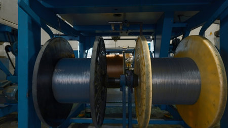 Rotating coils in industrial enterprise. Creative. Process of plastic alloy and winding of polymer rods. Chemical workshop of industrial plantの写真素材