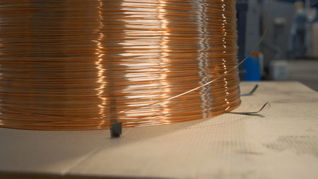 Close-up of wound copper wire in production. Creative. Thin line of wire on industrial coil. Production of copper wire at metallurgical plantの写真素材