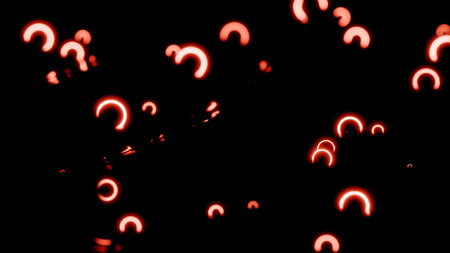 Jumping tiny arcuate neon shapes on a black background. Design. Small particles falling down of...