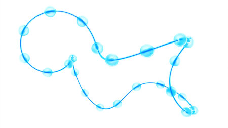 Abstract curved line with colorful neon illuminated spheres. Design. Transparent balls running fast...