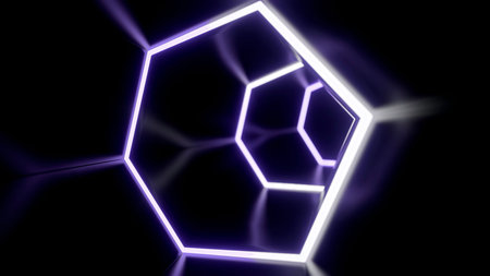 Flying inside dark virtual tunnel with neon hexagonal grid. Design. Bright neon grid of hexagons in...