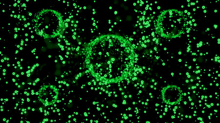 Bright circles distorting flow of bubbles. Design. Bubbles moving up are dying circles on black...