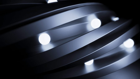 Glowing balls move along lines. Design. Balls move and illuminate folds of spiral. Glowing balls...